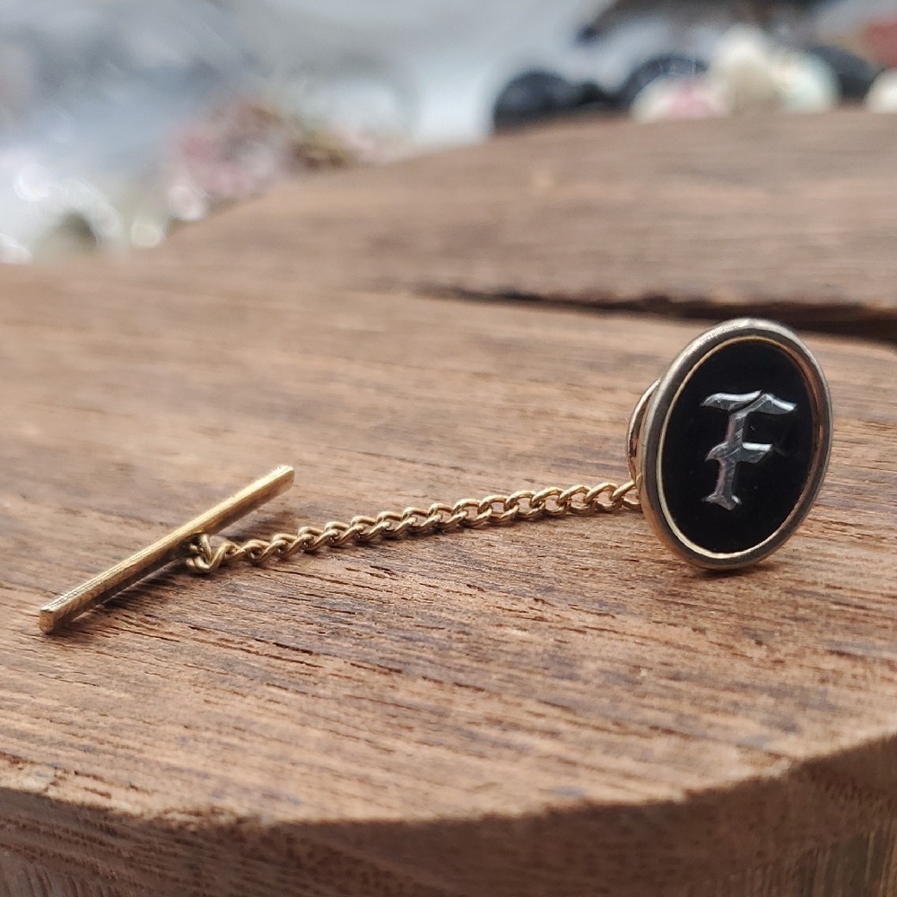 Gold-tone F Letter Tie Tack with Black Enamel Overflow